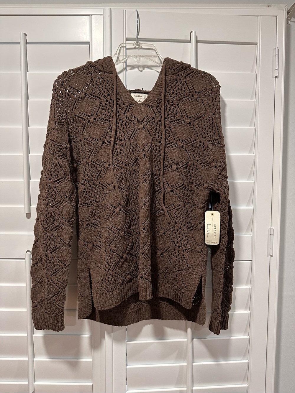 Atelier Nicole Miller Sweater Brown Open Knit Hooded Chunky Soft Cozy Size M